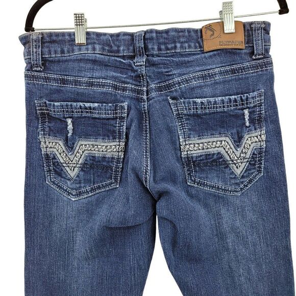 Flypaper Jeans Straight Whisker Distressed Embroidered Pockets Dark Wash 34 x 32 - Picture 9 of 14